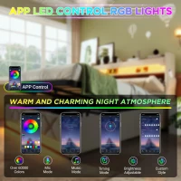 Upholstered Storage Bed with Integrated LED Lighting and USB Ports, Hydraulic Bed with Metal Slatted Frame, 225L x 156W x 111H cm, Beige(m-4)