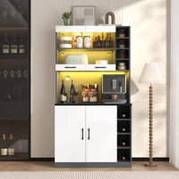 Tall Kitchen Cupboard with LED Lighting and Generous Storage, Freestanding Pantry with Microwave Shelf, 100L x 47W x 187H cm, White+gray(m-8)