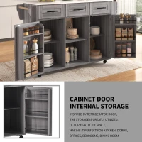 Stylish Kitchen Trolley with Foldable Wood-Grain Countertop, Versatile Buffet with Interchangeable Wheels, 139L x 46W x 91H cm, Gray(m-5)