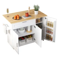 Mobile Kitchen Island with Foldable Oak-Look Worktop, Multi-purpose Trolley with Sliding Drawer, 132.5L x 44W x 90H cm, White+Natural(m-12)