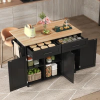 Sleek Kitchen Trolley with 2 Drawers and Cabinets, Mobile Kitchen Island with Foldable Tabletop, 129L x 46W x 91.5H cm, Black+Natural(m-11)