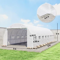Outsunny Seră tunel de grădină 24 m² 8L x 3l x 2H m - 16 ferestre, ușă rulabilă cu fermoar, oțel galvanizat, prelată PE, Alb(m-3)