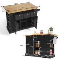 Versatile Kitchen Island with 3 Drawers and 2‑Door Cupboards, Practical Trolley with Extendable Worktop, 132L x 70W x 87H cm, Natural+Black(m-3)