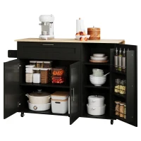 Versatile Kitchen Island with Foldable Worktop and Shelves, Multifunctional Cabinet for Dining Areas, 132.5L x 44W x 90H cm, Black+Natural(m-12)