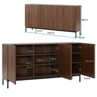 Mid-Century Sideboard with 3D Wave Design and Steel Legs, Versatile Cabinet with 3 Doors, Adjustable Shelves, 150L x 40W x 80H cm, Natural(m-3)