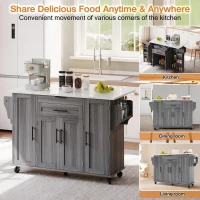 Versatile Kitchen Trolley with Fold-Out Worktop and Lockable Castors, Spacious Kitchen Island with Cabinets, 136L x 70W x 92H cm, Gray(m-6)