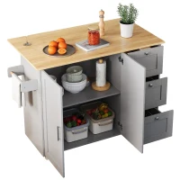 Versatile Kitchen Island with 3 Drawers and 2-Door Cabinet, Space-Saving Rolling Trolley with Foldable Worktop, 135L x 70W x 90H cm, Grey(m-13)