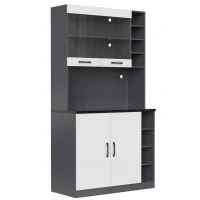 Tall Kitchen Cupboard with LED Lighting and Generous Storage, Freestanding Pantry with Microwave Shelf, 100L x 47W x 187H cm, White+gray(m-2)