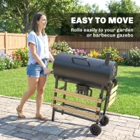 Outsunny Charcoal Grill, Barrel BBQ Smoker with Warming Rack, Charcoal BBQ Grill with Foldable Shelves, Natural Wood and Black(m-7)