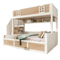 Cabin-Style Bunk Bed with Staircase Storage Cube & Hanging Baskets, Hydraulic-Lift Bed for Children, 244L x 140W x 155H cm, Natural+White(m-14)