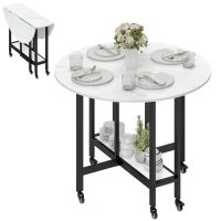HOMCOM Folding Dining Table, Drop Leaf Table with Open Shelf, Rolling Kitchen Table for Dining Room, Small Spaces, White Marble(m-10)