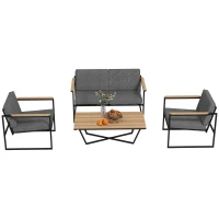 Outsunny Set mobilier de grădină pentru 4 persoane, rezistent la intemperii, set mobilier balcon cu sofă 2 locuri, 2 scaune, perne, măsuță laterală Gri(m-6)