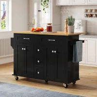 Versatile Kitchen Trolley with Extendable Worktop and 5 Drawers, Sturdy Buffet with Lockable Castors, 140L x 65W x 89H cm, Black+Natural(m-11)