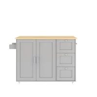 Versatile Kitchen Island with 3 Drawers and 2-Door Cabinet, Space-Saving Rolling Trolley with Foldable Worktop, 135L x 70W x 90H cm, Grey(m-11)