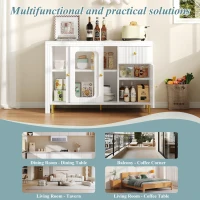 Multifunctional Bar Cabinet with Rotating Extendable Tabletop, Space-Saving Sideboard with Sliding Doors, 122L x 40W x 82H cm, White(m-4)