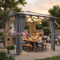 Outsunny Pavilion de grădină aprox. 3 x 3 m, pavilion metalic cu acoperiș din policarbonat de 6 mm, 4 părți laterale, UV50+ gri închis(m-5)