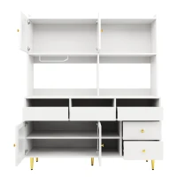 Multifunctional Sideboard with Changhong Glass Door and Glass Holder, Spacious Buffet with Multiple Drawers, 145L x 39W x 171H cm, White(m-2)