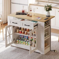 Mobile Kitchen Island with Foldable Tabletop and Sockets, Storage Buffet with Adjustable Shelves, 120L x 65W x 92H cm, White+Natural(m-10)