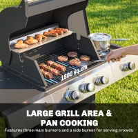 Outsunny Gasbarbecue 10,5 kW 3+1 Brander BBQ Grillwagen Roestvrij Staal incl. Zijbrander Flesopener Thermometer Gietijzeren Grillrooster(m-4)