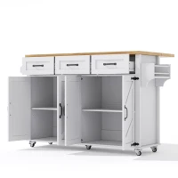 Mobile Kitchen Island with 5 Lockable Castors and Central Wheel, Practical Cart with Foldable Tabletop, 140L x 70W x 90.5H cm, White+Natural(m-12)