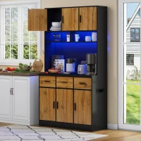 Stylish Tall Pantry Cabinet with App-Controlled LED, Spacious Larder Unit with Water-Resistant Worktop, 100L x 40W x 180H cm, Black+Natural(m-9)