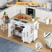 Sleek Kitchen Trolley with Drop Leaf and Pull-Out Organiser, Mobile Kitchen Island with Lockable Castors, 120L x 40W x 90H cm, White+Natural(m-5)