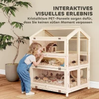 PawHut Houten hamsterkooi met 3 verdiepingen, dierenkooi met huisjes, wipplanken, hellingen en drinkbakjes, 68x61,5x90 cm naturel hout(m-8)