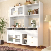 Multifunctional Sideboard with Changhong Glass Door and Glass Holder, Spacious Buffet with Multiple Drawers, 145L x 39W x 171H cm, White