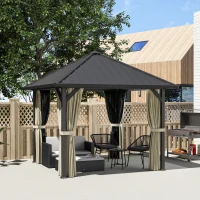 Outsunny Pavilion cu acoperiș solid 3 x 3 m, pavilion de grădină cu acoperiș metalic, cort de grădină impermeabil cu plasă și pereți laterali, Gri închis(m-2)