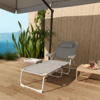 Outsunny Șezlong pliabil pentru grădină cu pernă pentru cap, fotoliu cu spătar reglabil în 4 trepte până la 120 kg, gri deschis(m-4)