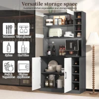 Tall Kitchen Cupboard with LED Lighting and Generous Storage, Freestanding Pantry with Microwave Shelf, 100L x 47W x 187H cm, White+gray(m-5)