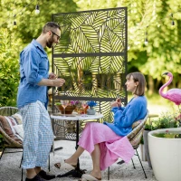 Outsunny Biombo de 3 Painéis 122x198 cm Biombo Separador de Ambientes com Suporte Design de Folhas Grandes Preto(m-2)