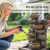 Outsunny Fonte de Jardim com Iluminação LED e Bomba, Fonte Decorativa em Cascata de 5 Níveis, Fluxo Ajustável, Castanho Rústico(m-6)