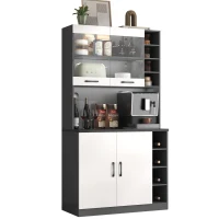 Tall Kitchen Cupboard with LED Lighting and Generous Storage, Freestanding Pantry with Microwave Shelf, 100L x 47W x 187H cm, White+gray(m-15)