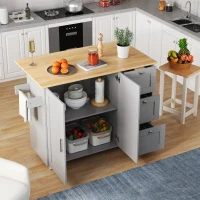 Versatile Kitchen Island with 3 Drawers and 2-Door Cabinet, Space-Saving Rolling Trolley with Foldable Worktop, 135L x 70W x 90H cm, Grey(m-8)