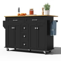 Versatile Kitchen Trolley with Extendable Worktop and 5 Drawers, Sturdy Buffet with Lockable Castors, 140L x 65W x 89H cm, Black+Natural(m-13)