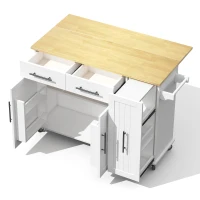 Sleek Kitchen Trolley with Drop Leaf and Pull-Out Organiser, Mobile Kitchen Island with Lockable Castors, 120L x 40W x 90H cm, White+Natural(m-13)