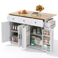 Practical Kitchen Island with 3 Drawers, Door-Mounted Shelf, Trendy Cart with Foldable Countertop, 140L x 70W x 90.5H cm, White+Natural(m-13)