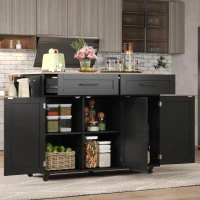 Sleek Kitchen Trolley with 2 Drawers and Cabinets, Mobile Kitchen Island with Foldable Tabletop, 129L x 46W x 91.5H cm, Black+Natural(m-10)