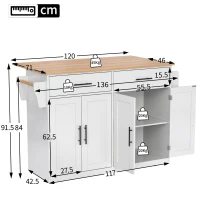 Contemporary Kitchen Storage Trolley with Foldable Dropleaf, Spacious Buffet with Towel Holders, 120L x 71W x 91.5H cm, White+Natural(m-3)