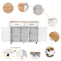 Modern Kitchen Trolley with 2 Drawers and Cabinets, Mobile Kitchen Island with Foldable Tabletop, 129L x 46W x 91.5H cm, White+Natural(m-8)