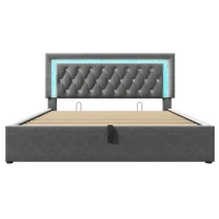 Upholstered Bed with Built-In USB Ports and Type-C Charging, Hydraulic Storage Bed with Adjustable Headboard, 214L x 160W x 108H cm, Grey(m-11)