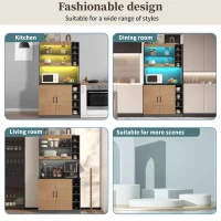 Tall Kitchen Cupboard with LED Lighting, Generous Storage, Freestanding Pantry with Microwave Shelf, 100L x 47W x 187H cm, Natural+Grey(m-7)