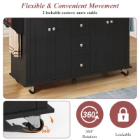 Versatile Kitchen Trolley with Extendable Worktop and 5 Drawers, Sturdy Buffet with Lockable Castors, 140L x 65W x 89H cm, Black+Natural(m-8)