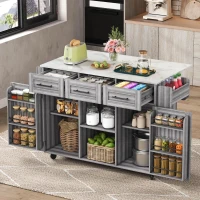 Stylish Kitchen Trolley with Foldable Wood-Grain Countertop, Versatile Buffet with Interchangeable Wheels, 139L x 46W x 91H cm, Gray(m-9)