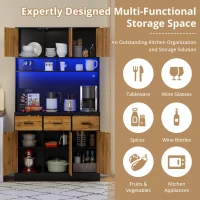 Stylish Tall Pantry Cabinet with App-Controlled LED, Spacious Larder Unit with Water-Resistant Worktop, 100L x 40W x 180H cm, Black+Natural(m-4)