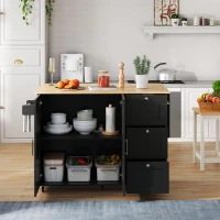 Versatile Kitchen Island with 3 Drawers and 2-Door Cabinet, Space-Saving Rolling Trolley with Foldable Worktop, 135L x 70W x 90H cm, Black(m-1)