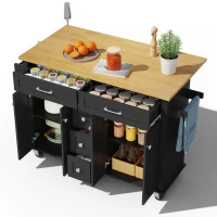 Versatile Kitchen Trolley with Extendable Worktop and 5 Drawers, Sturdy Buffet with Lockable Castors, 140L x 65W x 89H cm, Black+Natural(m-14)