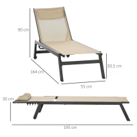 Outsunny Șezlong de soare din aluminiu și textilene cu roți și suport pentru cap, spătar reglabil, kaki(m-3)