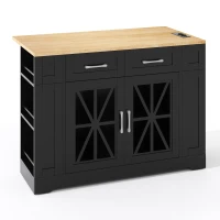 Mobile Kitchen Island with Foldable Tabletop and Sockets, Storage Buffet with Adjustable Shelves, 120L x 65W x 92H cm, Black+Natural(m-2)
